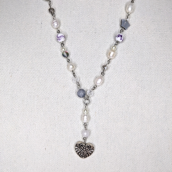 Long freshwater Pearl necklace with crystal beads and a charm. Handmade by me. - Picture 5 of 7